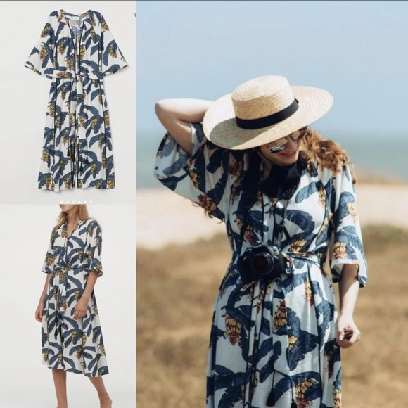 DESMOND & DEMPSEY H&M S Linen-Blend Kaftan Midi Belted Button Up Tropical Dress - Picture 3 of 16
